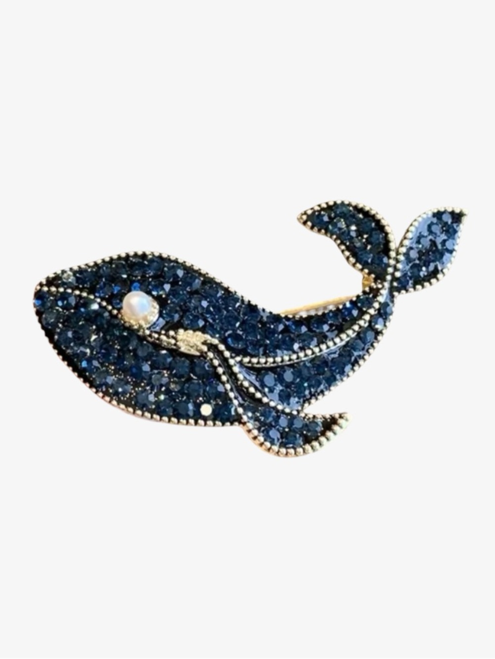 Blue Rhinestone Whale Brooch